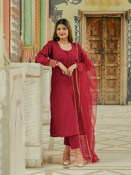 Maroon ethnic suit with gota work sleeves

