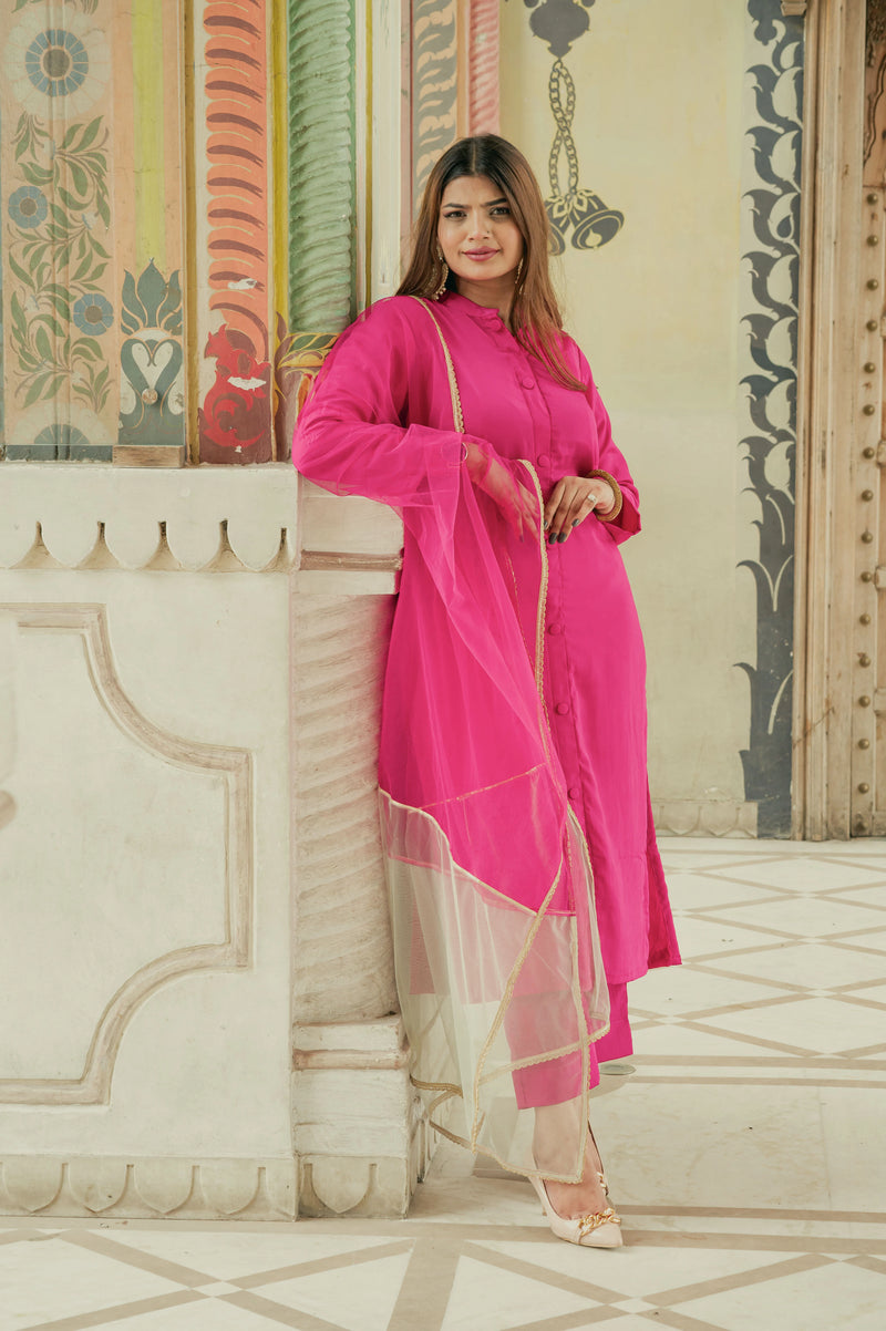 Festive pink satin kurta with net dupatta

