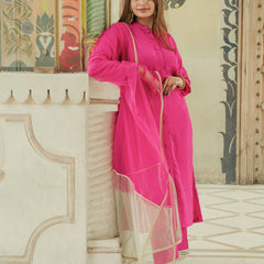 Festive pink satin kurta with net dupatta
