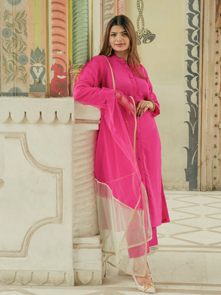 Festive pink satin kurta with net dupatta
