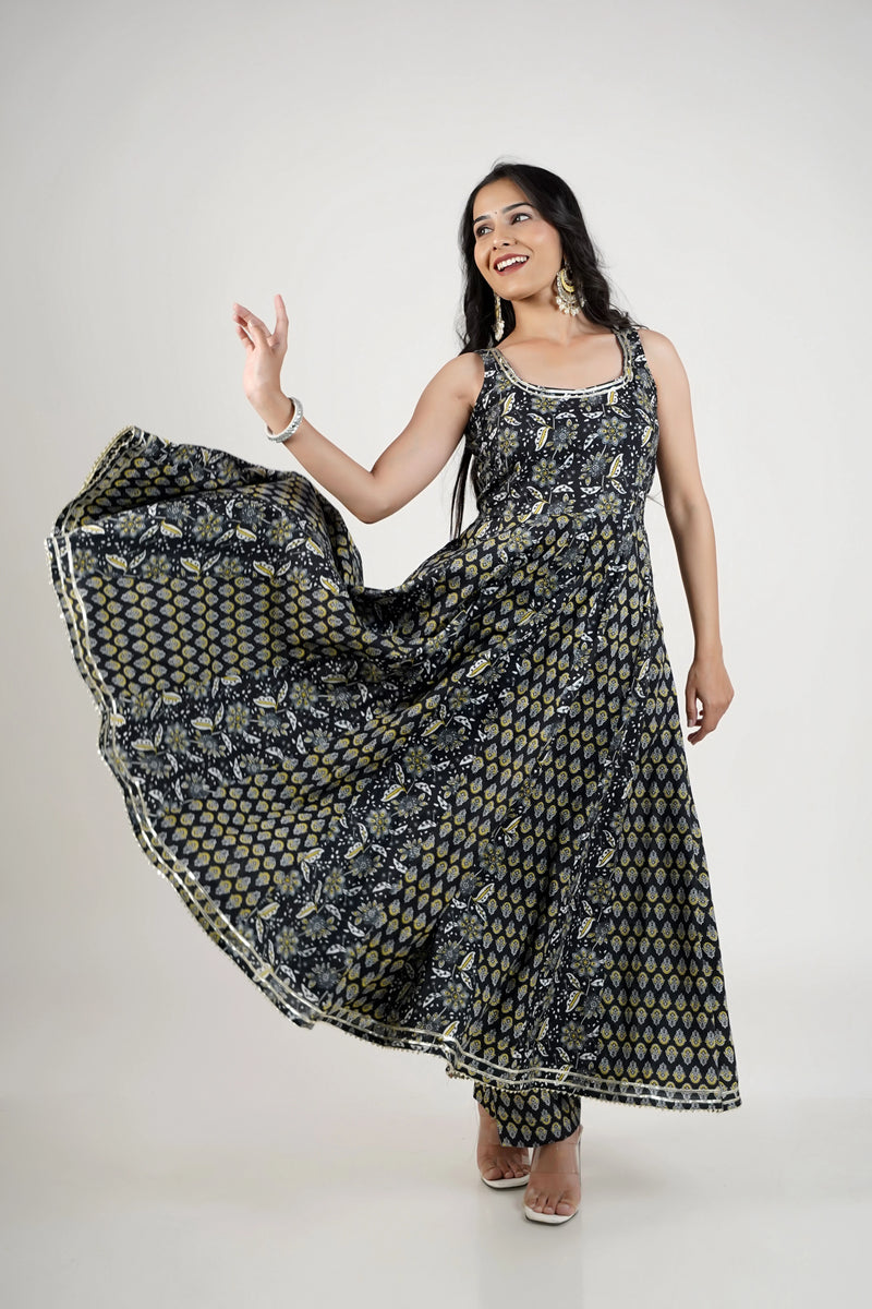 Black cotton kalidar Anarkali suit set
