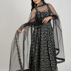 Women wearing black flared Anarkali with dupatta
