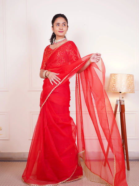 Women wearing red organza wedding saree
