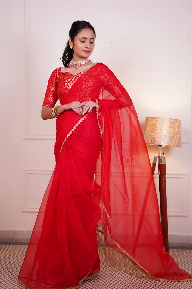 Designer red saree with latkan pallu

