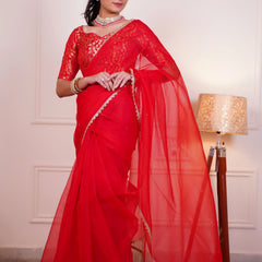 Designer red saree with latkan pallu
