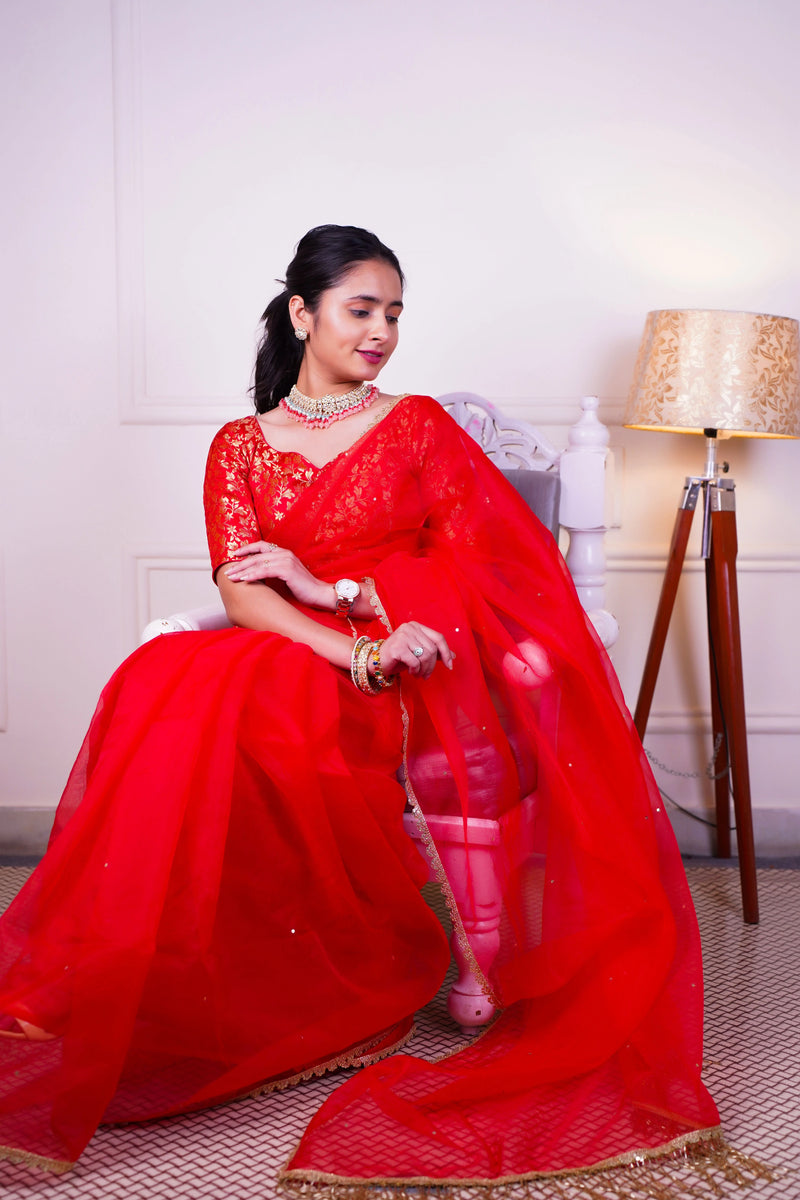 Traditional red organza saree for festive wear
