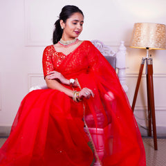 Traditional red organza saree for festive wear
