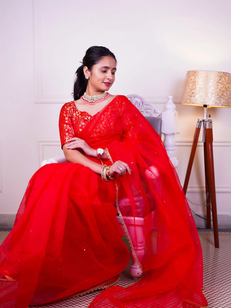 Traditional red organza saree for festive wear
