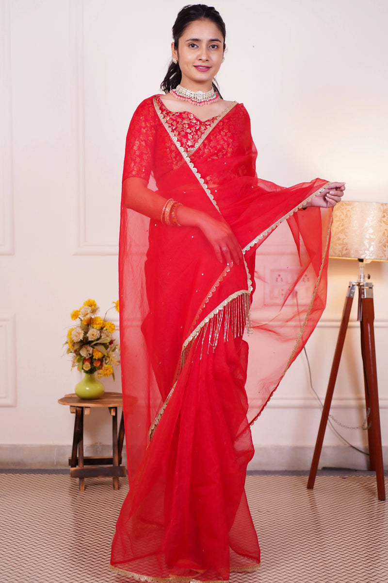 Indian wedding saree with Banarasi silk blouse
