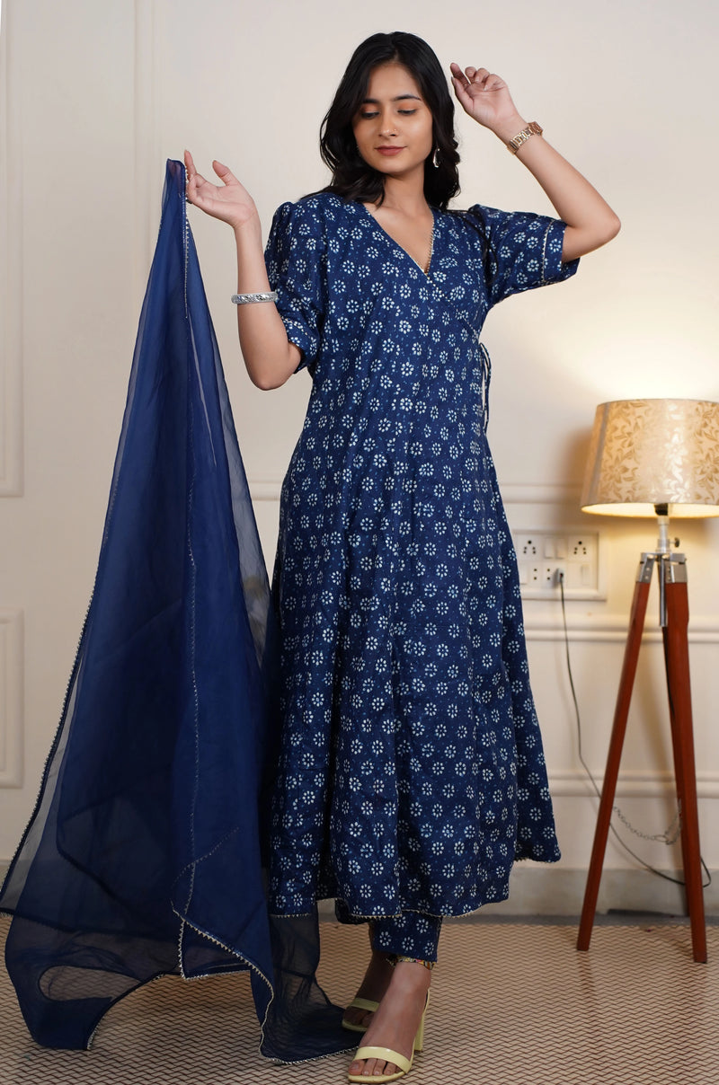 Indigo blue cotton Anarkali suit set
