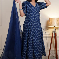 Indigo blue cotton Anarkali suit set
