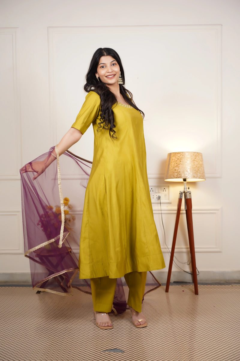 Mehendi green Roman silk Anarkali suit set
