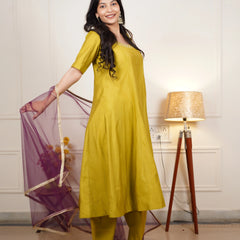 Mehendi green Roman silk Anarkali suit set
