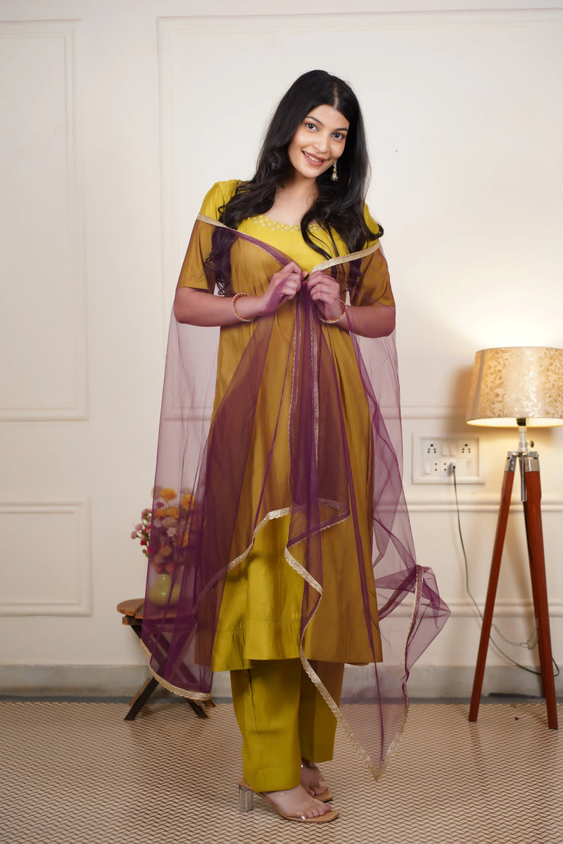 Wedding wear mehendi green Anarkali dress
