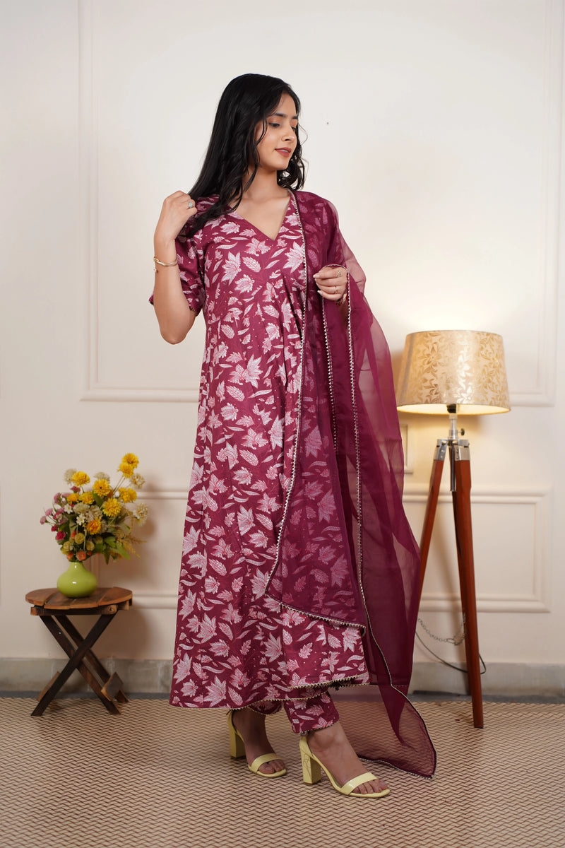 Gulzaar Grace Cotton Anarkali Set With Organza Dupatta