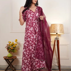 Gulzaar Grace Cotton Anarkali Set With Organza Dupatta