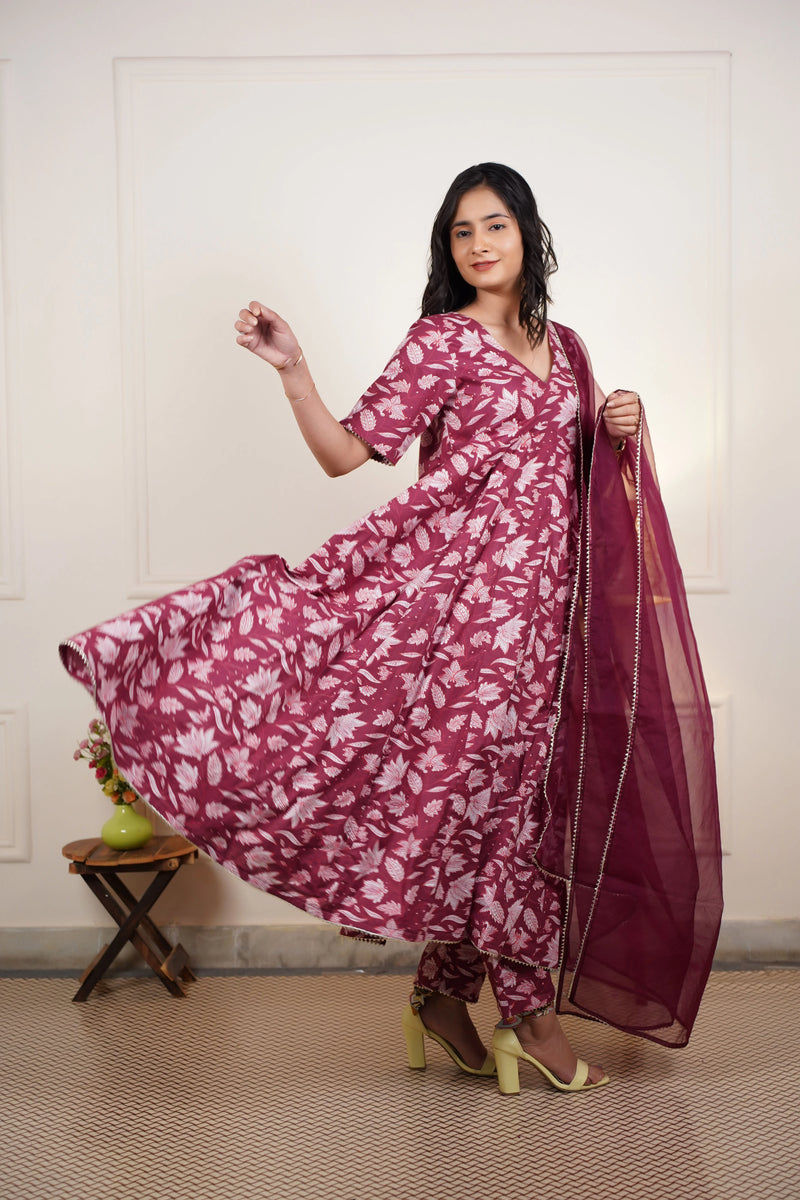 Gulzaar Grace Cotton Anarkali Set With Organza Dupatta