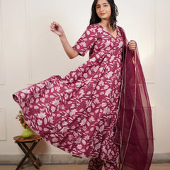 Gulzaar Grace Cotton Anarkali Set With Organza Dupatta