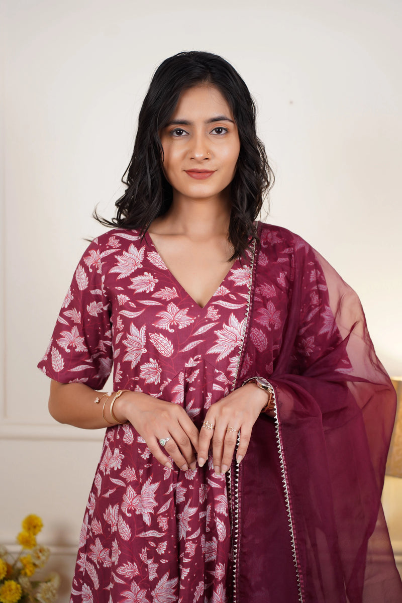 Gulzaar Grace Cotton Anarkali Set With Organza Dupatta