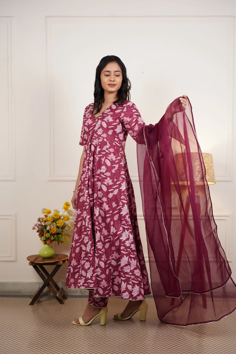 Gulzaar Grace Cotton Anarkali Set With Organza Dupatta