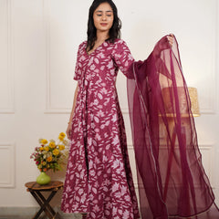 Gulzaar Grace Cotton Anarkali Set With Organza Dupatta