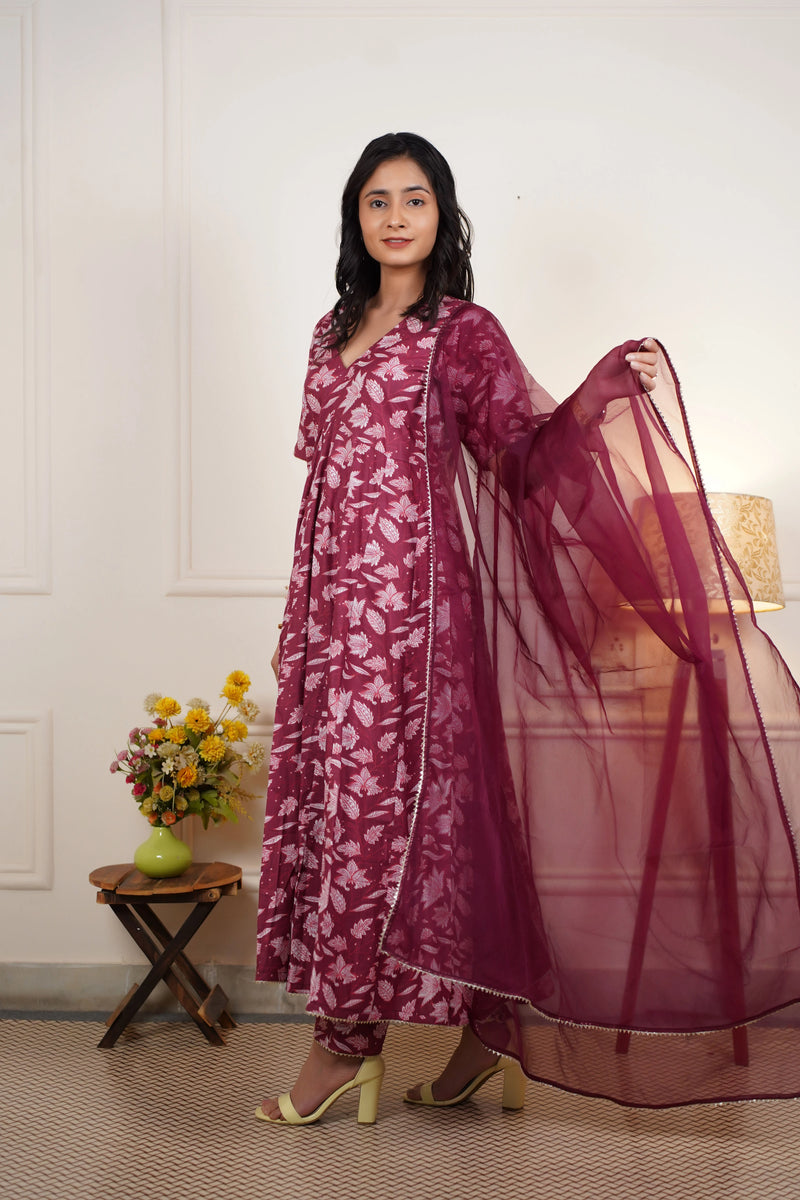 Gulzaar Grace Cotton Anarkali Set With Organza Dupatta