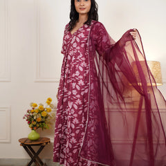 Gulzaar Grace Cotton Anarkali Set With Organza Dupatta