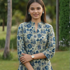 Floral Breeze Blue Cotton Kurti