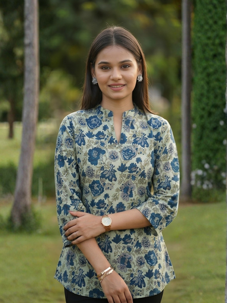 Floral Breeze Blue Cotton Kurti