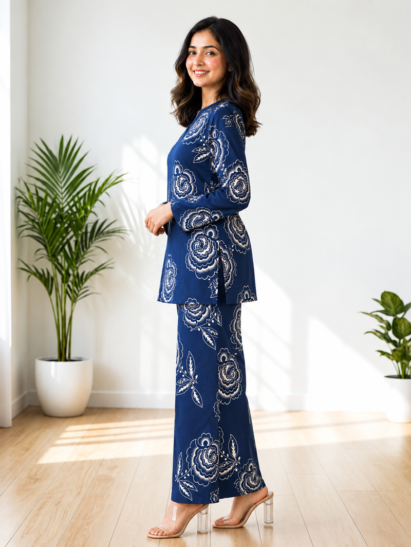 Elegant Navy Floral Printed Co-Ord Set