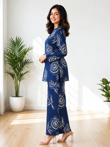 Elegant Navy Floral Printed Co-Ord Set
