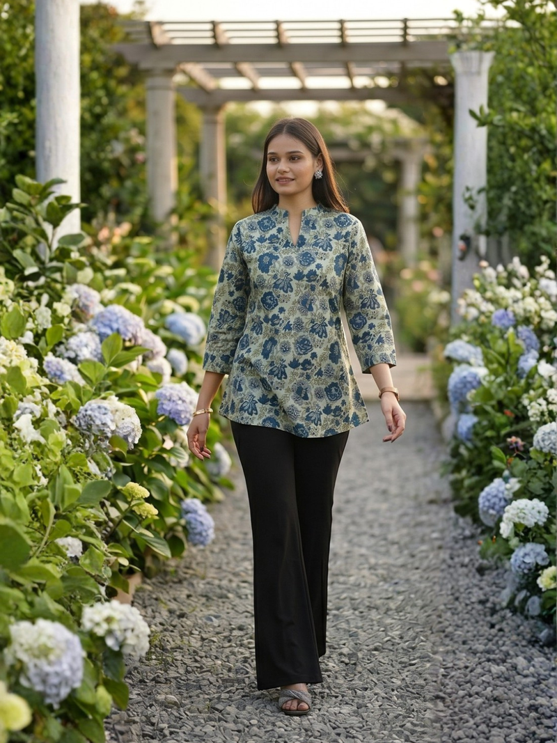 Floral Breeze Blue Cotton Kurti