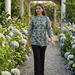 Floral Breeze Blue Cotton Kurti