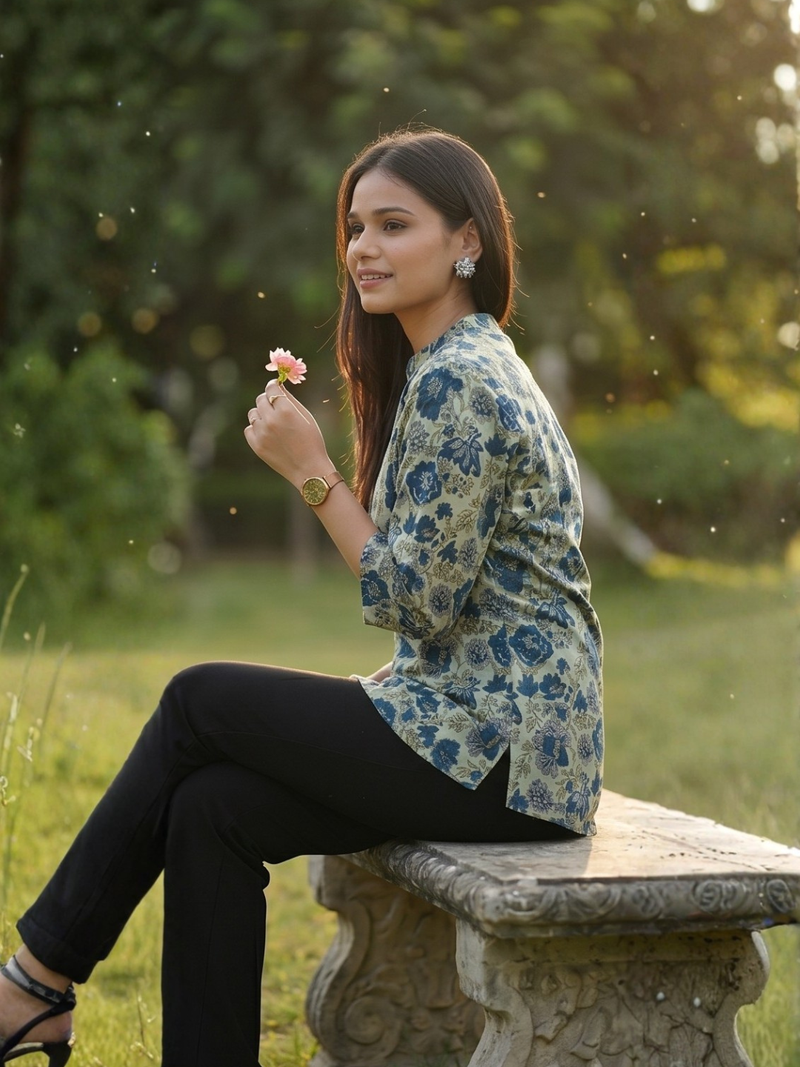 Floral Breeze Blue Cotton Kurti