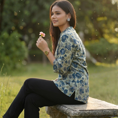 Floral Breeze Blue Cotton Kurti