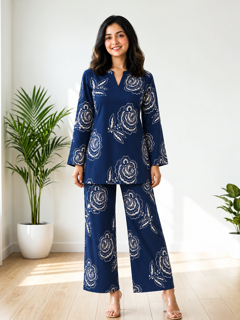 Elegant Navy Floral Printed Co-Ord Set