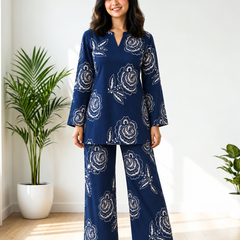 Elegant Navy Floral Printed Co-Ord Set