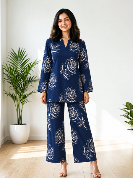 Elegant Navy Floral Printed Co-Ord Set