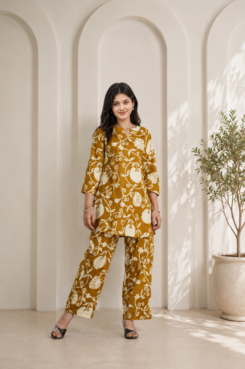 Elegant Mustard Printed Cotton Co-Ord Set
