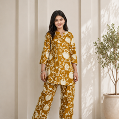 Elegant Mustard Printed Cotton Co-Ord Set