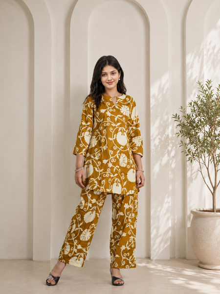 Elegant Mustard Printed Cotton Co-Ord Set