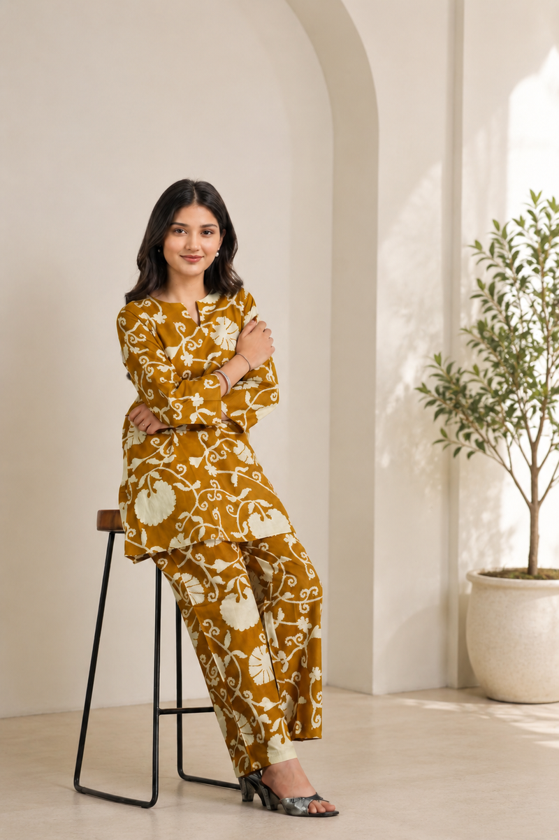 Elegant Mustard Printed Cotton Co-Ord Set