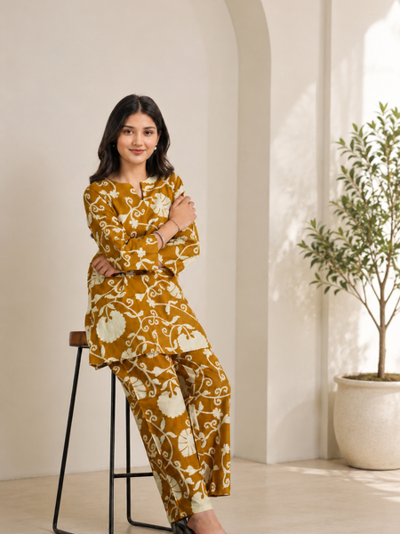 Elegant Mustard Printed Cotton Co-Ord Set