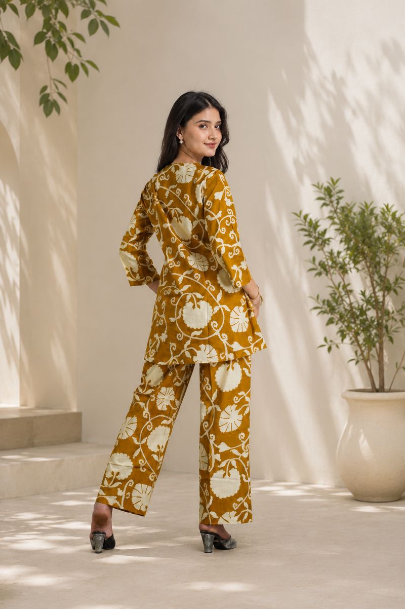 Elegant Mustard Printed Cotton Co-Ord Set