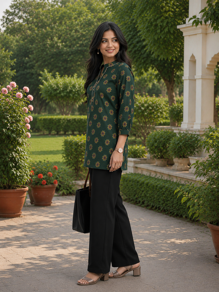 Emerald Green Floral Print Cotton Kurti Top