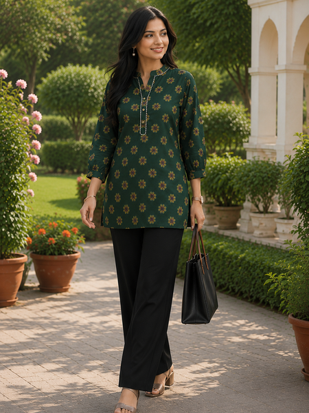 Emerald Green Floral Print Cotton Kurti Top