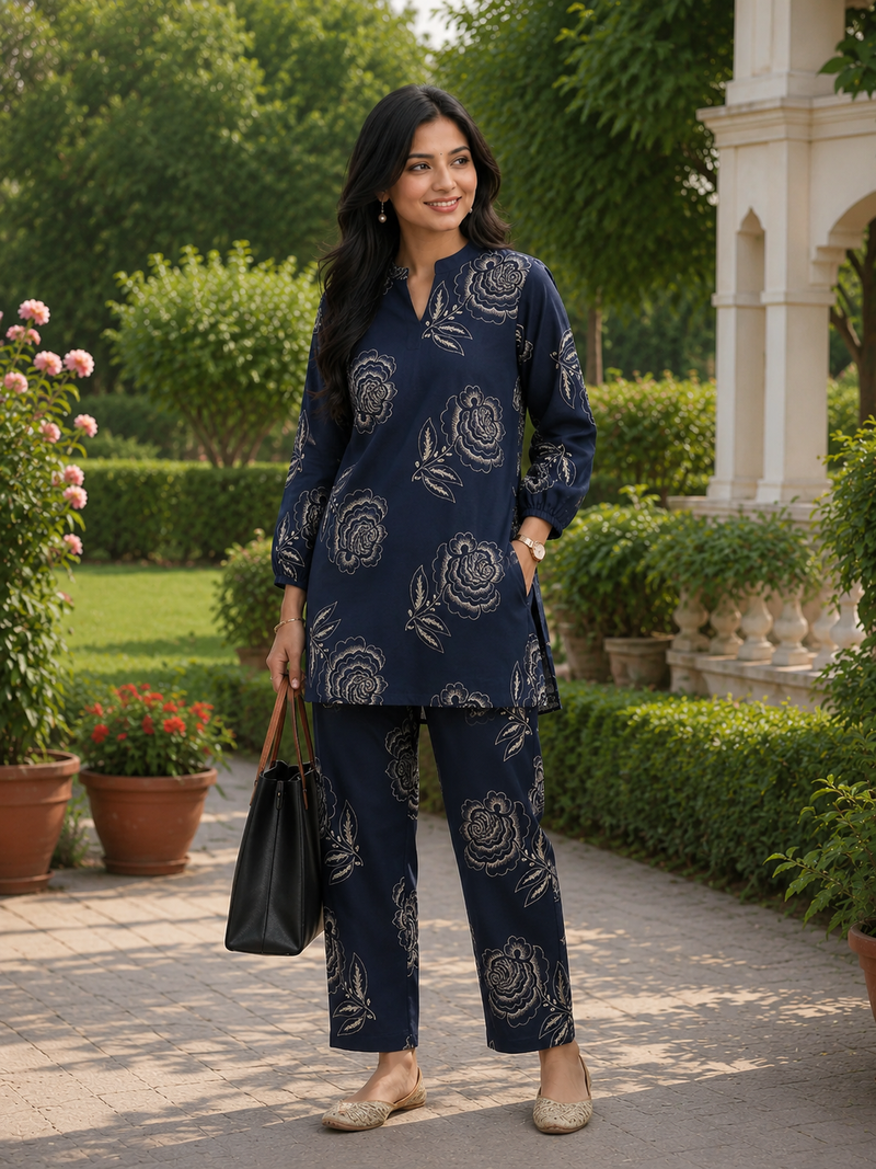 Elegant Navy Floral Printed Co-Ord Set