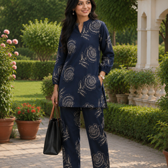 Elegant Navy Floral Printed Co-Ord Set