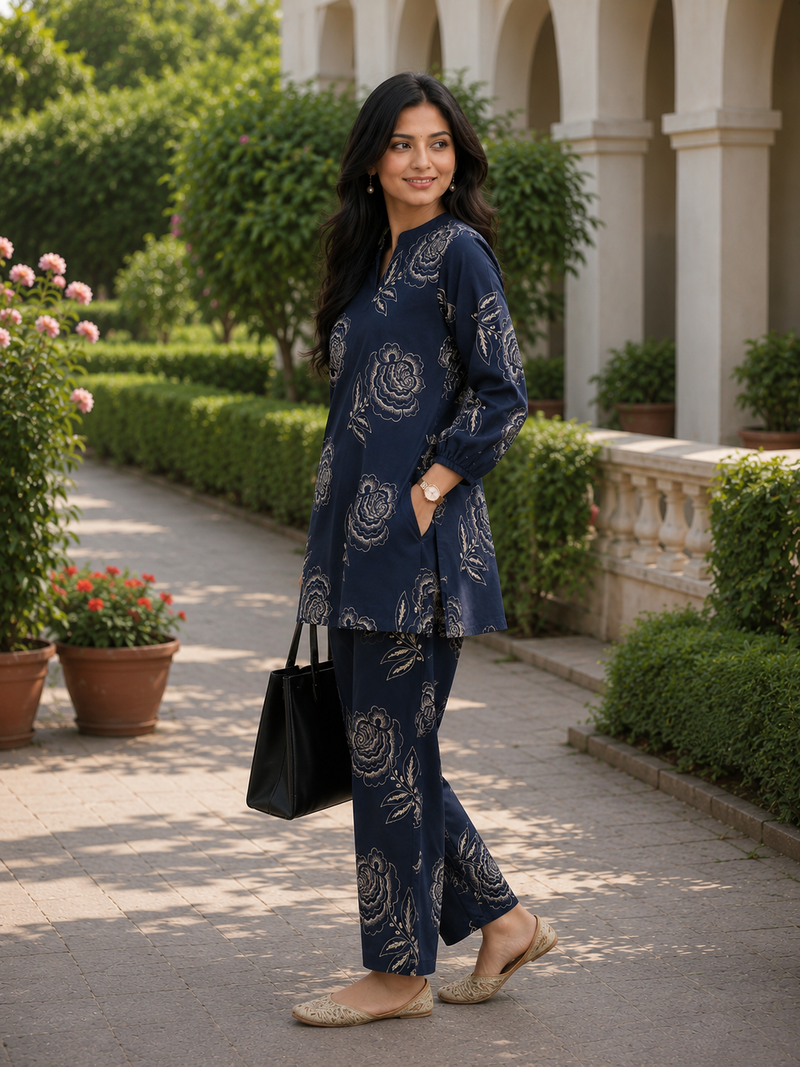 Elegant Navy Floral Printed Co-Ord Set