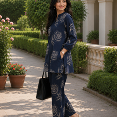 Elegant Navy Floral Printed Co-Ord Set